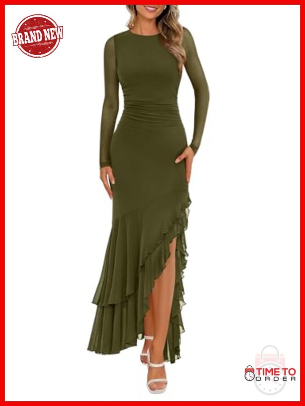 Women's Ruched Waist Tiered Ruffle Maxi Dress Long Sleeve Cocktail Wedding Guest